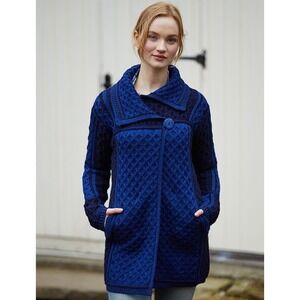 ARAN CRAFTS Merino Wool Cardigan Women's Small Blue Knit Cable Sweater Ireland